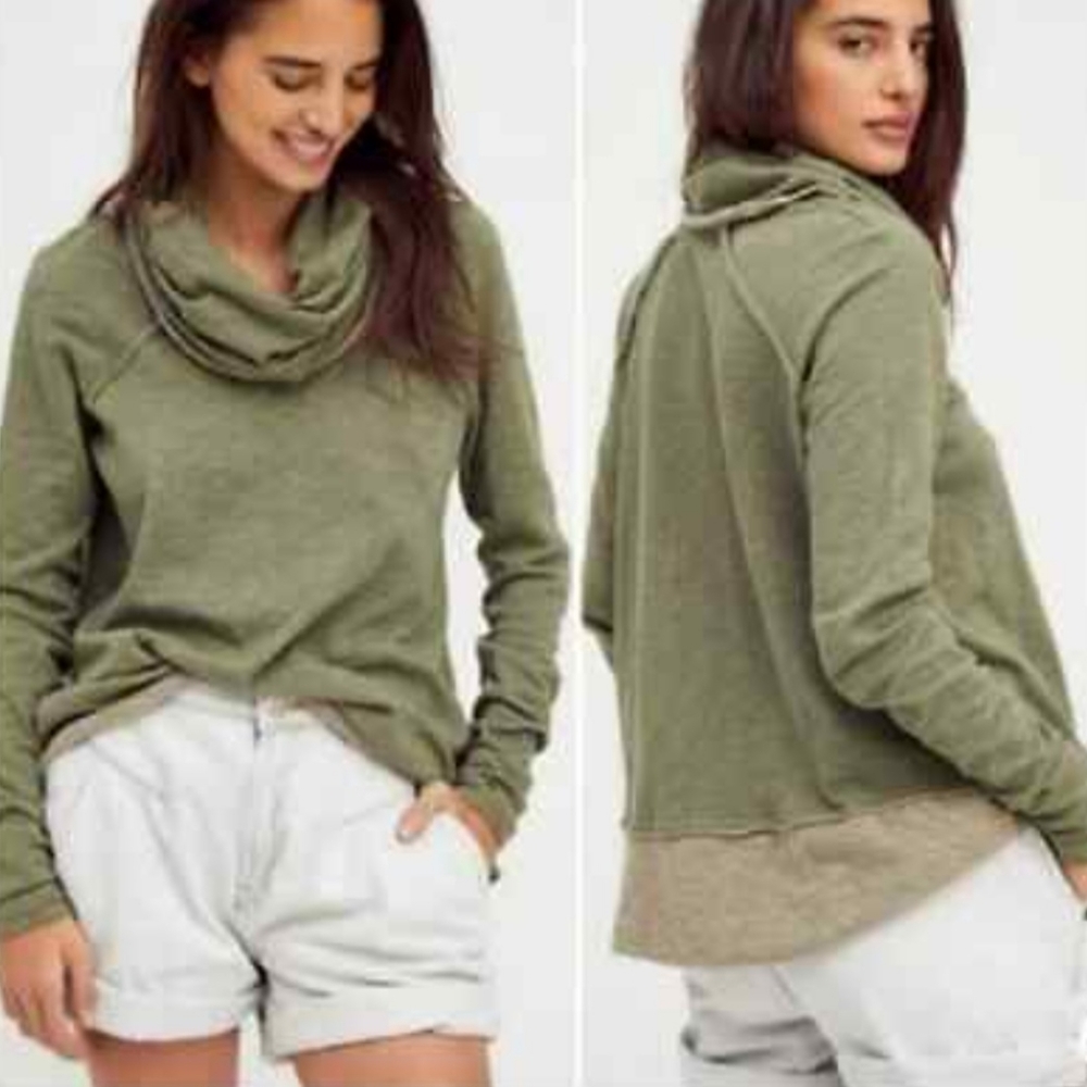 Free People Beach Cacoon Cowl Neck Pullover in Green